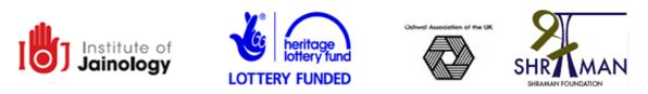 Logos of the four main funders of JAINpedia or part of the digitisation: Institute of Jainology; Heritage Lottery Fund; Oshwal Association of the UK; Shraman South Asian Museum and Learning Center Foundation.